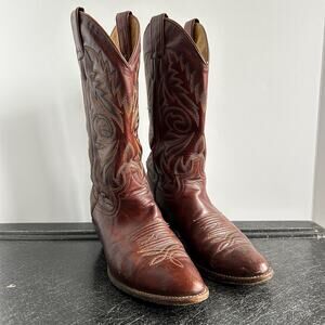 Vintage 80s/90s Justin Cognac Leather Contrast Stitch Cowboy Boots 5.5 / 6